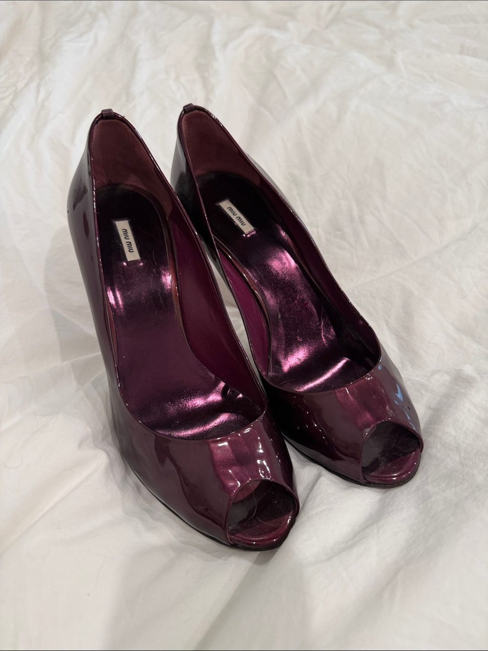 Miu Miu Burgundy Patent Peep-Toe Pumps